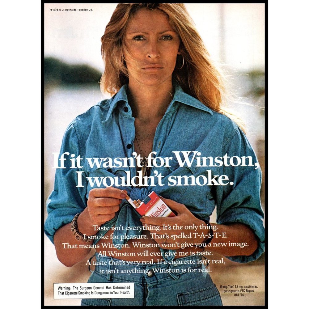 1975 Winston Cigarettes Vintage Print Ad Tanned Blonde Denim Shirt Beach Photo